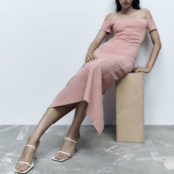 Zara Top Stitched Pale Pink Off The Shoulder Midi Dress US XS BNWT - Picture 4 of 11